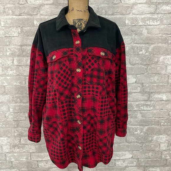 Maurices Red Patchwork Fleece Shacket - Picture 3 of 9